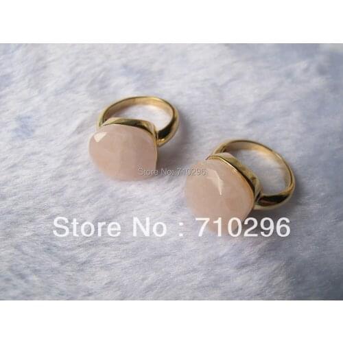 Fashion brass ring natural Rose pink quartz crystal gem stone ring fashion jewelry ring