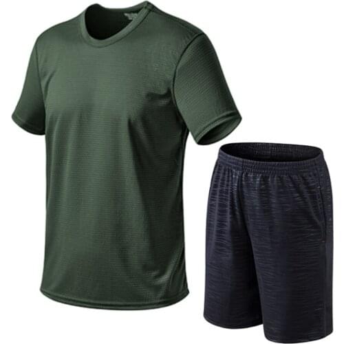 Mens summer sports two piece casual loose round neck black and white short sleeve T-shirt five point pants sports suit