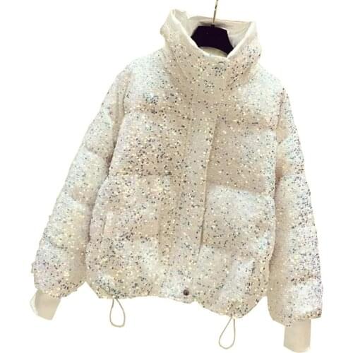 New Heavy Industry Sequin Stitching Jacket Womens 2021 Korean style stand-up collar short bread down jacket
