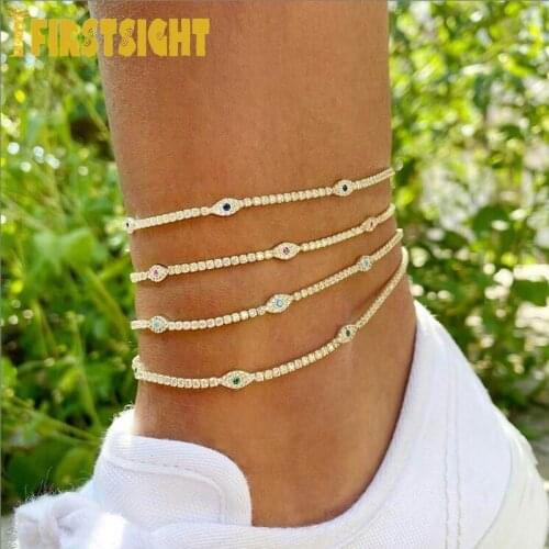 New Iced Out Bling CZ Paved Delicate Cute Turkish Evil Eye Anklet 2mm CZ Tennis Chain Charm Anklet For Women Jewelry