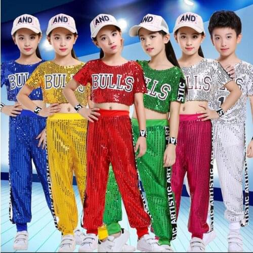 Girls Sequined Hip Hop Clothing Dance Costumes Suit Boys Pants Jazz T Shirt for Kids Stage Wear Outfits Ballroom Dancing Cloth