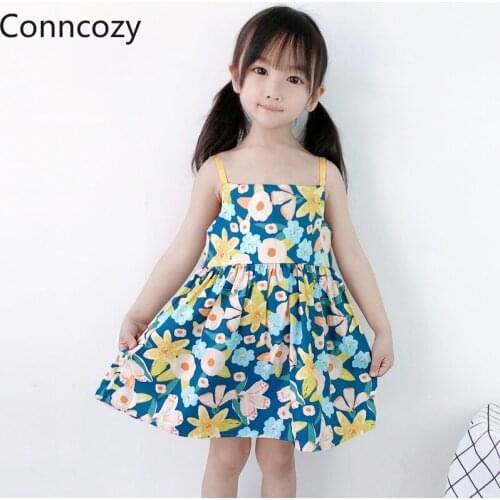 Flowers Girls Princess Dress Girl Summer Spaghetti Print Cotton Dresses Girls Korean Blue Toddler Dress Kids Dresses for Girls