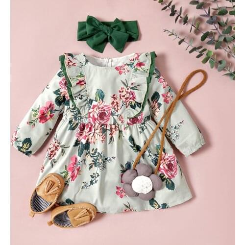 Baby / Toddler Girl Floral Print Long-sleeve Dress with Solid Headband