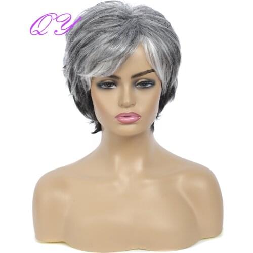 QY Hair Short New Style Curly Wig for Older Grandma Hair Wigs Ombre Grey Mix White Synthetic Wigs