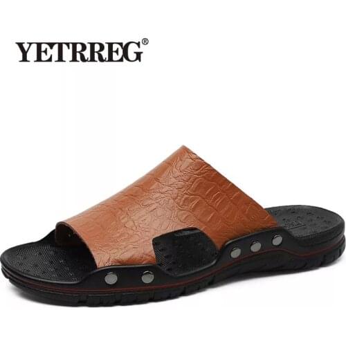 Men Slippers Summer Flat 2019 Summer Man Shoes Breathable Beach Slippers Split Leather Flip Flops Mens Slippers Size 38-48