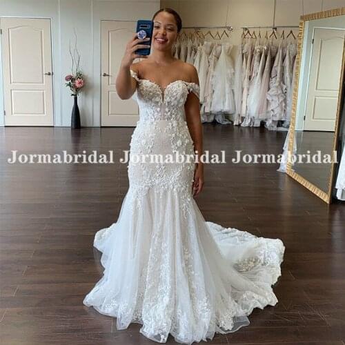 Light Champagne Mermaid Wedding Dresses 2021 Off Shoulder 3D Flowers Custom Made Trumpet Lace Wedding Party Dress Bridal Gowns