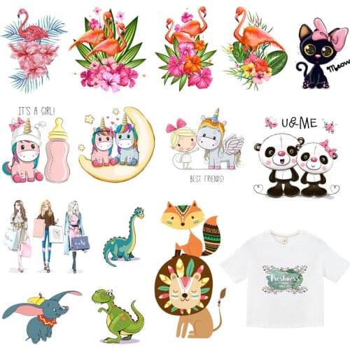 Cartoon Animals Flamingo Iron on Transfers Heat Transfer Ironing Stickers Kids Clothing T-shirt Thermal Patches Decal Appliques