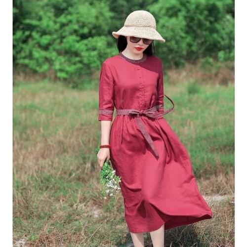 2021 New Women Summer Elegant O Neck Casual Solid Color Dress Female Cotton Loose Lace Up Holiday A-Line Sundress Vestidos B234