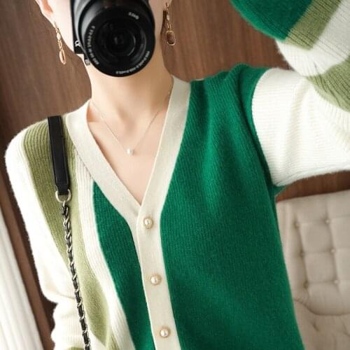 Zocept Womens Merino Wool Cardigan 2021 Spring Autumn New Knitted Color Matching Long Sleeve V-neck Sweater Tops Female Coat