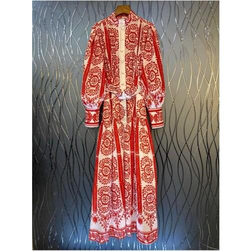 100%Cotton Long Dress 2021 Autumn Party Evening Women Red Black Floral Print Vintage Button Belt Long Sleeve Casual Maxi Dress