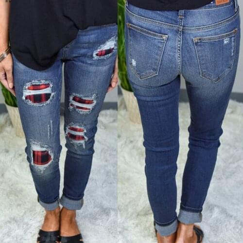 2021 Fashion ladies jeans, ripped holes and thinner, printed patch ladies jeans trousers