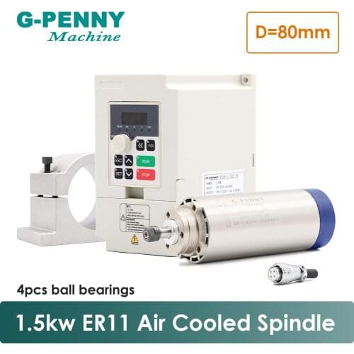 New Product! 220V 1.5KW ER11 CNC Air Cooled Spindle Motor 80mm Air Cooling 4Bearings CNC& 220v 1.5kw VFD inverter & 80mm bracket