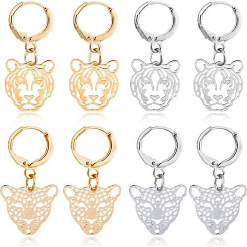 4 Pairs Gold Silver color Tiger Leopard Head Hoop Earrrings Set Wild Animals Pendant Drop Earrings Fashion Jewelry Unisex