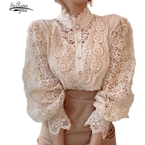 Blusas Mujer De Moda 2021 Spring Hollow Out Lace Shirt Women Office Lady Flower Blouse Stand Collar Button Female Clothing 12419