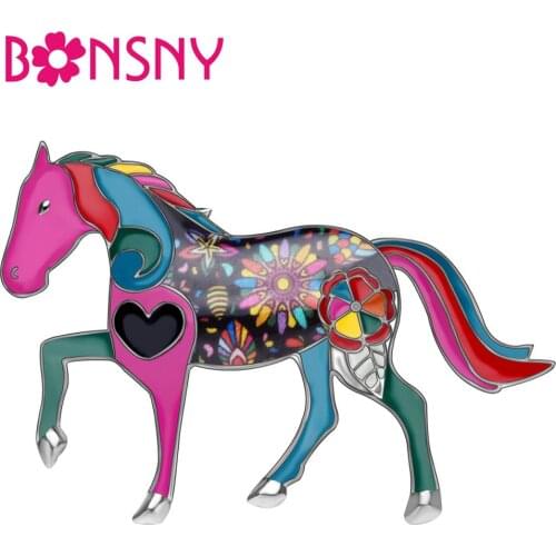 Bonsny Alloy Enamel Floral Colorful Horse Brooches Clothes Scarf Pin Anime Animal Jewelry Women Girl Teen Gift 2019 New Fashion