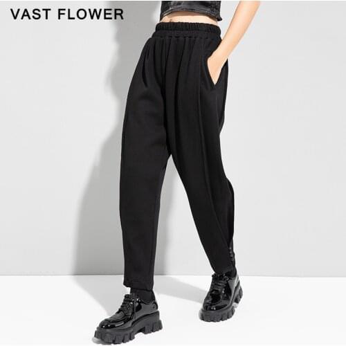 Black Patchwork Pleated Harem Pants Women New High Waist Fashion Pockets Loose Casual Trousers Spring Autumn 2021