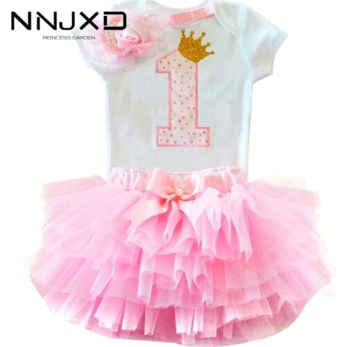 Baby 1st Birthday Sets (Romper+tutu+headband ) Summer Cotton Short Sleeve Girls 3 Pcs Clothing Sets Birthday Party Wear Clothes