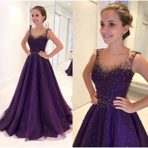 Purple Muslim Evening Dresses A-line Tulle Beaded Elegant Islamic Dubai Saudi Arabic Long Evening Gown Prom Dress