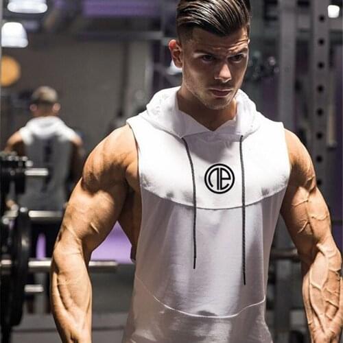 Musculação tanque topos masculino ginásio de fitness algodão com capuz colete sem mangas camisa treino com capuz verão casual mo