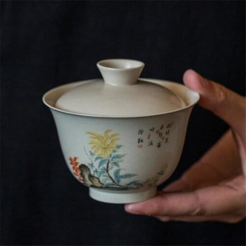 Chinese Handmade Ceramic Gaiwan Teacup Hand Painted Flowers Pattern Soperas Tea Bowl Tureen Teaware Accessories Drinkware 160ml