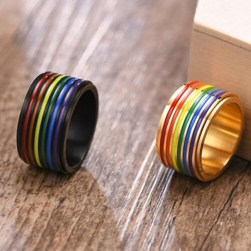 New Fashion Rotatable Stainless Steel Enamel Rainbow Ring Lesbian Gay Spinner Wedding Engagement Ring for Men Gifts