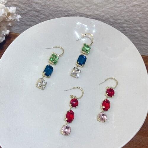Korean Fashion Hot Sale Colorful Square Crystal Long Drop Earrings For Women Girls Circle Hook Pendientes Jewelry