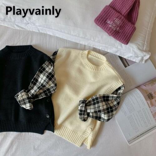 2021 Korean Style New Autumn Boys Girls Sweater Fake Two Patchwork Long Plaid Sleeve Round Collar Pullover Kids Clothes E7256