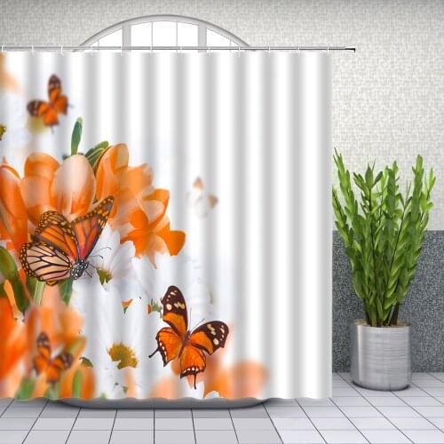 Hot Orange and White Flower and Butterfly Shower Curtains Spring Floral Plant Bathroom Decor Home Bath Hanging Curtain