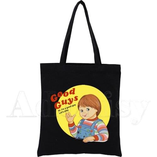 Chucky Print Reusable Shopping Bag Women Canvas Tote Bags Printing Eco Bag Cartoon Shopper Shoulder Bags Black