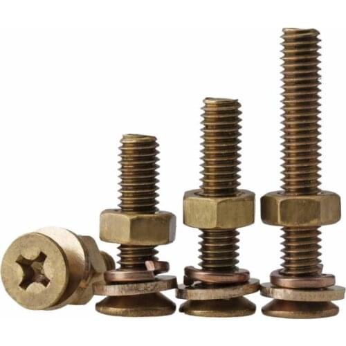 M3M4M5M6 Brass Screw Nut Set Large Full Cross Sink Head Flat Head Screw with Flat Bounce Shimorteeth 20Pcs