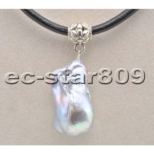 P6430 28mm Gray Baroque Keshi Reborn Pearl Hide-Rope Pendant Magnet Choker