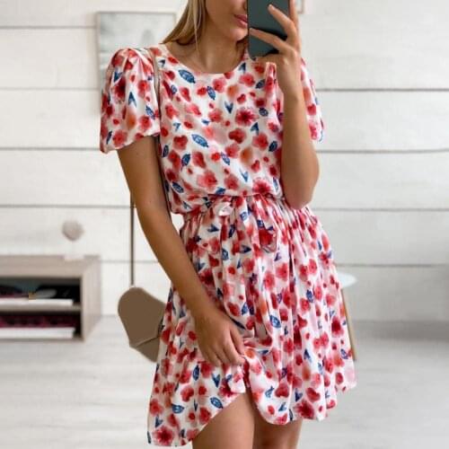 Summer Women Oversized Dress Floral Print High Waist Puff Short Sleeve Lace Up Mini Dress Female Beach Party XXL Vestidos