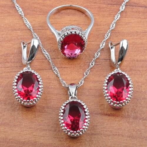 Rose Red Egg Crystal Silver Plated Bridal Jewelry Sets For Women Anniversary Earrings Pendant Rings Bracelet Set JS0190
