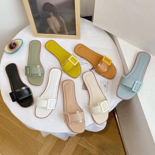 One-word sandals and slippers female 2021 summer new one-word transparent square buckle outer wear flat casual beach sandals