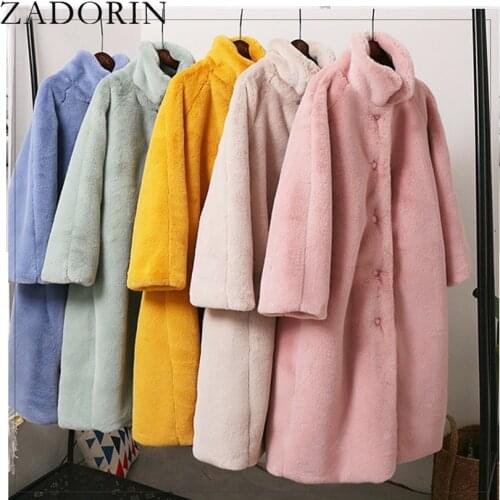 ZADORIN Korean Fashion 2021 Winter Stand Collar Long Faux Fur Coat Furry Warm Fleece Jacket Women Elegant Fur Coats and Jackets
