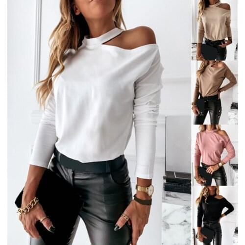 Autumn Winter Top Women Sexy Hanging Neck Strapless Splicing Temperament T-shirt Fashion Simplicity Solid Long Sleeve Tshirt New