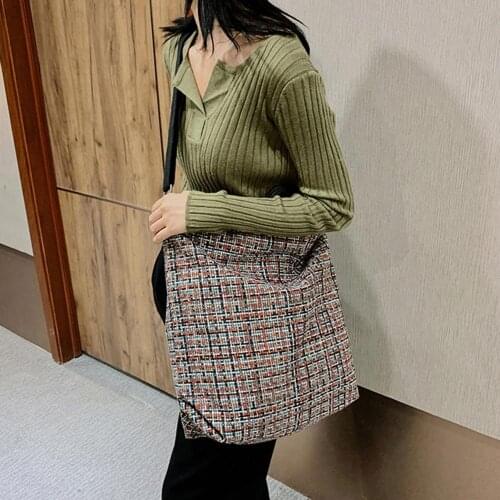 Women Fashion Plaid Design Shoulder Woolen Fabric Bag Tote Zipper Closure Large Capacity Crossbody Pouch Female Handbag