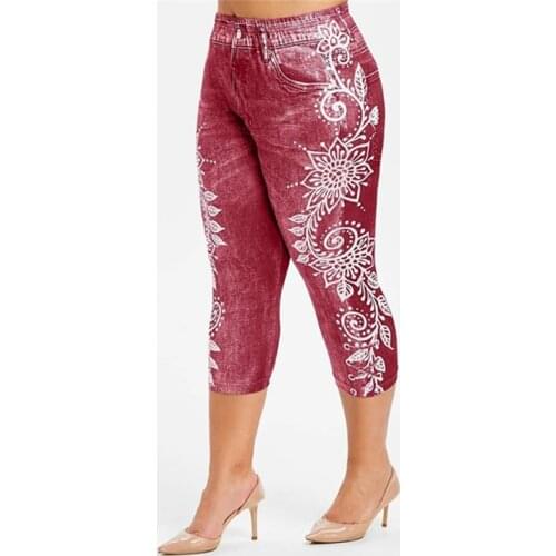 Printed False Denim Short Leggings 3\4 Women Jeans Leggings High Waist Breeches Capri Pants Super Elastic Jeggings Plus Size 2Xl
