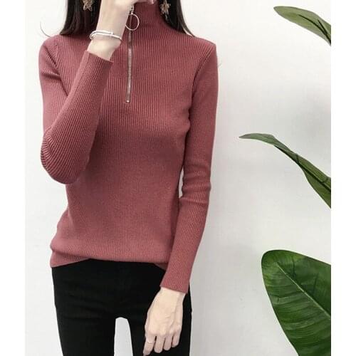 Women Autumn Sweaters Ladies Sweaters Zipper Stretch Long Sleeve Plain Top Knit Long Sleeve Comfortable Sweater