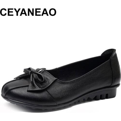 CEYANEAO Flats Women Shoes Four Seasons 2018 Shoes Women Flat Heel Rubber Muscle Outsole Knot Flat Women Genuine Leather Shoes