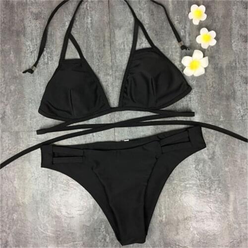 Woman Bikini Black Swimsuit Bandage Bathing Suit Sexy Swimwear For Girl Hollow Bathing Suit Solid Monokini bandeau Beachwear