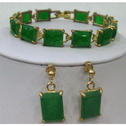 Womens natural green Malay jade square metal gold-plated bracelet earring set