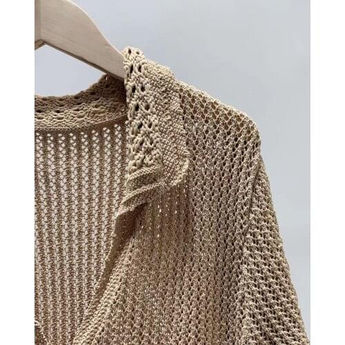 2021 Spring Autumn Women Knit Sweater Short Sleeve Hollow out Single Breasted Knitwear Sweater Outwear Ladies Tops