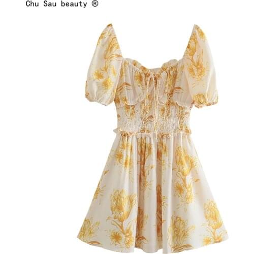 Vintage Square Collar Lace-Up Short-Sleeve 2021 Summer Elastic Waist Dress Edible Tree Fungus Folds Yellow Print Dress Women