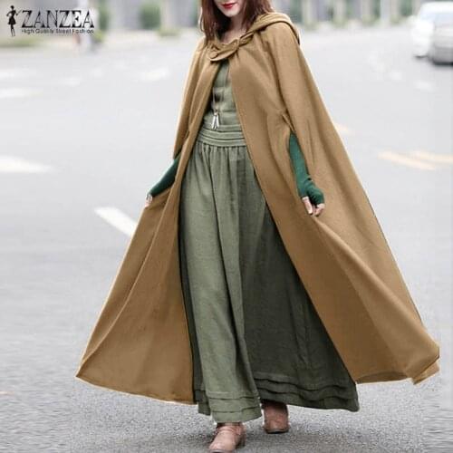 ZANZEA Winter Hooded Wool Blend Cloak Poncho Coat Autumn Women Long Cape Cloak Hoodies Warm Cosplay Jackets Outwear Windbreaker