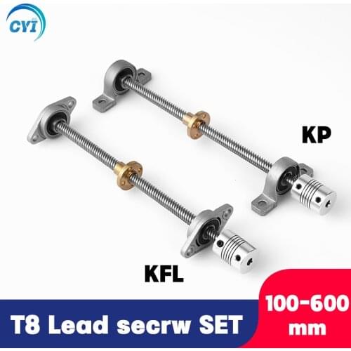 1Set 100/200//300/400/500mm 3D Printer&CNC T8 Lead Screw 8mm +Brass Copper Nut +KP08 or KFL08 Bearing Bracket +Flexible Coupling