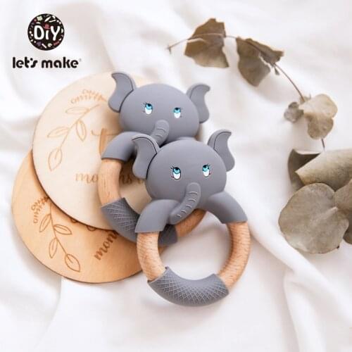 Lets Make 1pc Baby Wooden Teether Food Grade Beech Wood Teething Ring Elephant Bpa Free Silicone Animal 4-6 Months Baby Teether
