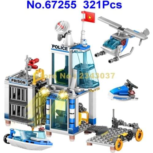 67255 321pcs 4in1 Urban Police Station Helicopter Boat Prison 4 Building Blocks Toy