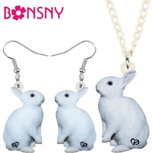 Bonsny Acrylic Sweet Sitting Rabbit Bunny Hare Jewelry Sets Animal Necklace Earrings For Women Teen Kid Girl Trendy Gifts Charms