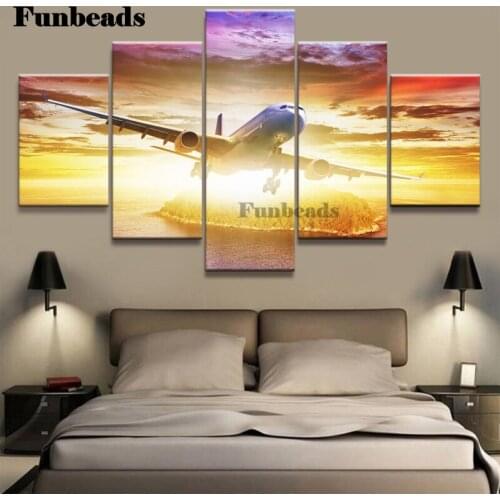 Full Square round drill Diamond painting Airplane flight landscape Diamond embroidery sunrise cloud view 5 pcs art FF1041